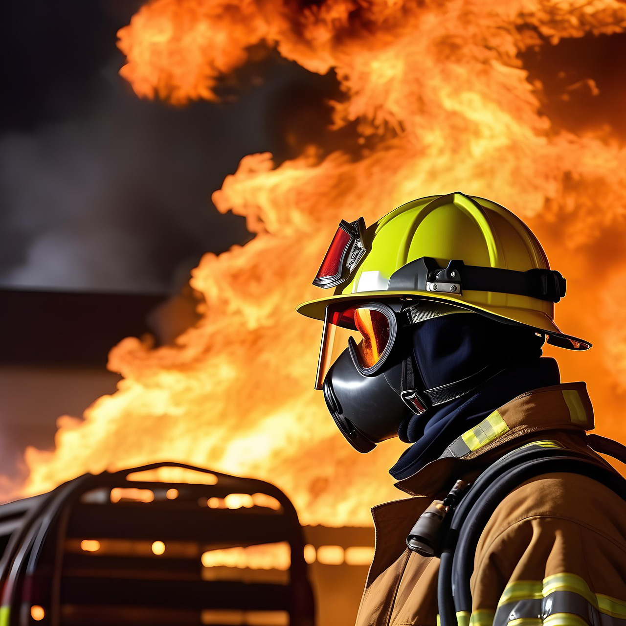 Firefighter in protective gear stands in front of a large blazing fire, with smoke rising in the background.