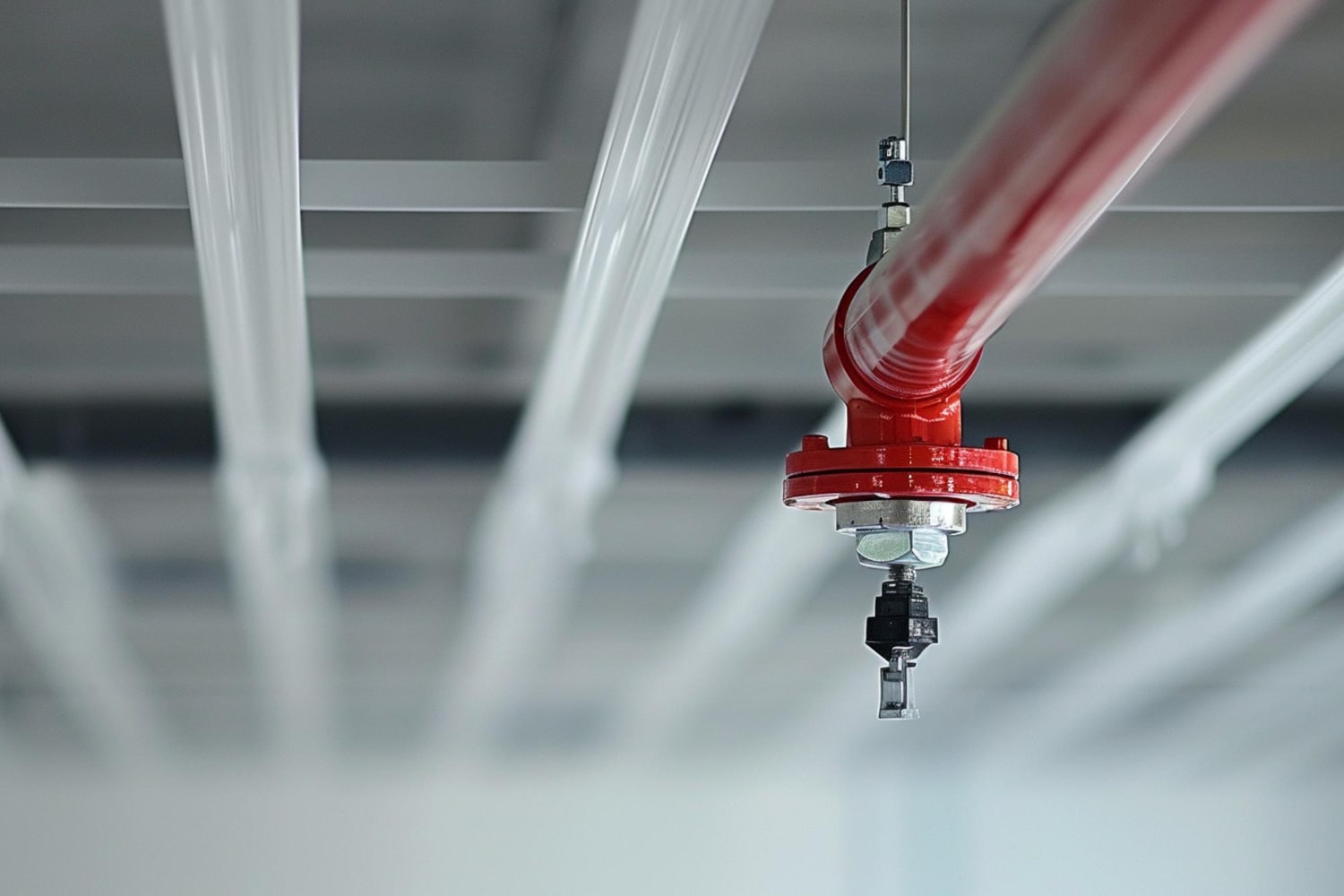 Red fire sprinkler system pipe with sprinkler head attached, suspended from a ceiling with white beams.